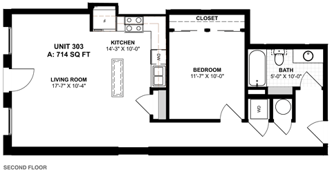 Floor plan for 1 bed, 1 bath, 714 sqft